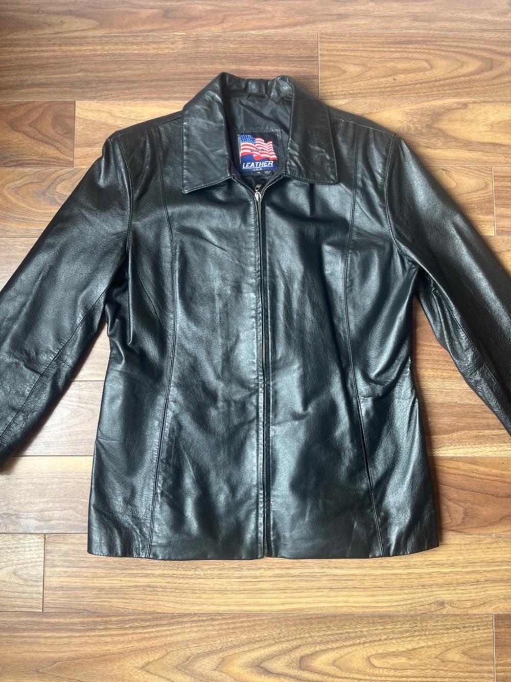 Leather Women's Black Zip-Front Jacket long Sleeve with Pockets Size XL